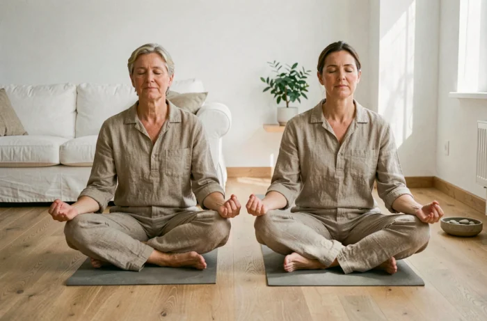 Couple pratiquant la méditation assis sur des tapis de yoga dans un salon minimaliste lumineux pour le bien-être quotidien
