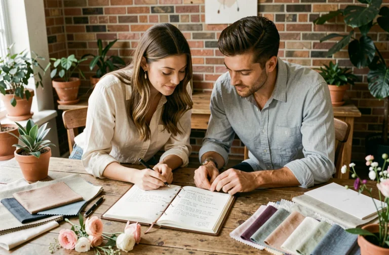 Couple planifiant leur mariage ensemble autour d'une table en bois avec un carnet de notes et des échantillons floraux