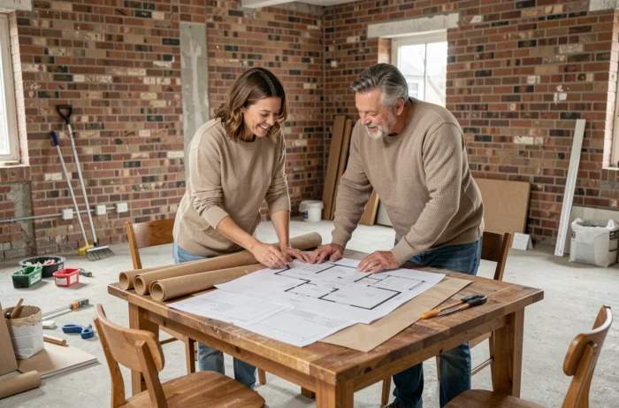 Couple examinant des plans d'architecture dans un appartement en cours de rénovation avec murs en briques apparentes