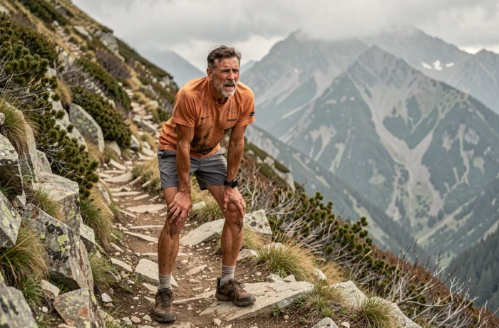 Coureur de trail épuisé marquant une pause sur un sentier de montagne escarpé, évoquant les limites physiques de l'endurance humaine