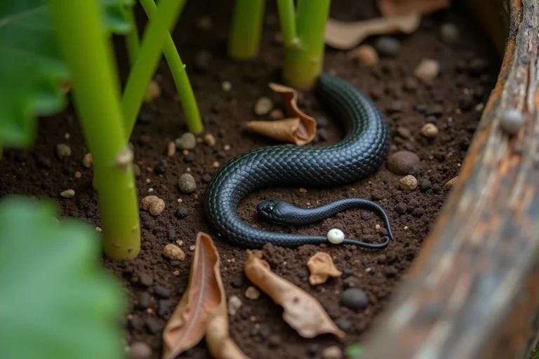 Gros plan sur des crottes de couleuvre dans un jardin potager, posées sur la terre avec dépôts blanchâtres caractéristiques