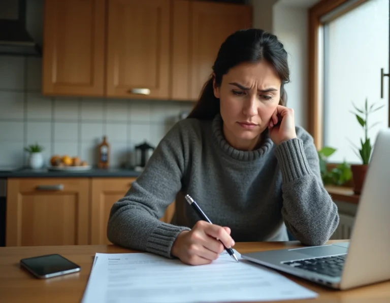 Femme remplissant un formulaire de déclaration de sinistre auprès de son assurance habitation après un cambriolage