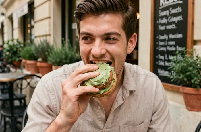 Jeune homme savourant un cookie sandwich géant à la crème matcha en terrasse d'une pâtisserie moderne parisienne
