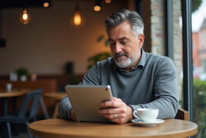 Homme utilisant une tablette dans un café pour gérer ses démarches Urssaf en ligne