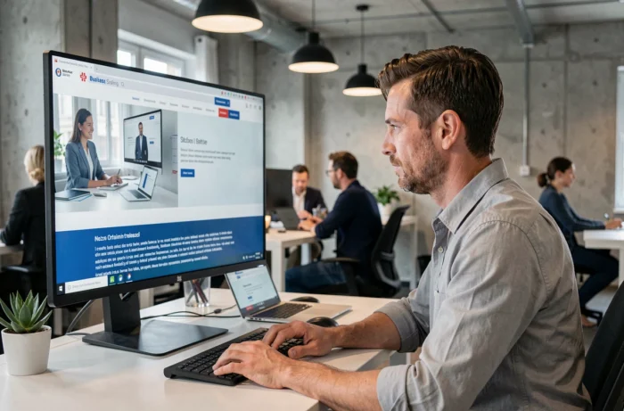 Développeur web masculin vérifiant les mentions légales obligatoires d'un site internet suisse sur un grand écran dans un espace de coworking