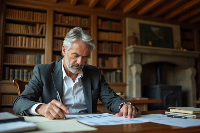 Homme d'affaires consultant des documents financiers dans un bureau de manoir français, illustrant la gestion de la fortune liée au Puy du Fou