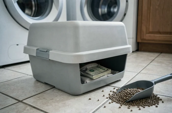 Double fond sous le bac à litière pour chat révélant un compartiment caché contenant une pochette et des billets
