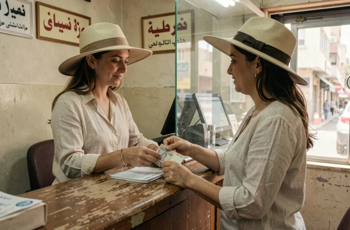 Touriste échangeant des livres égyptiennes au bureau de change au Caire