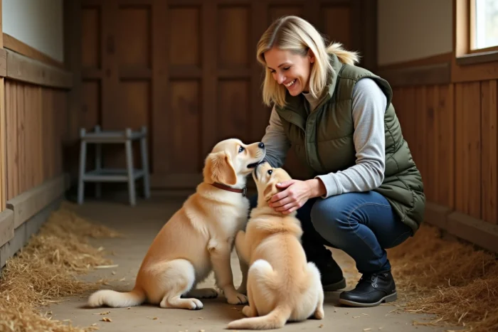 Éleveuse de Golden Retriever interagissant avec des chiots dans un chenil propre en Bourgogne