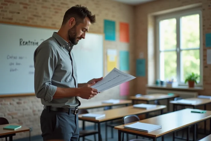 Enseignant tenant une fiche de classe devant un tableau blanc dans une salle de classe vide prête pour la rentrée 2026