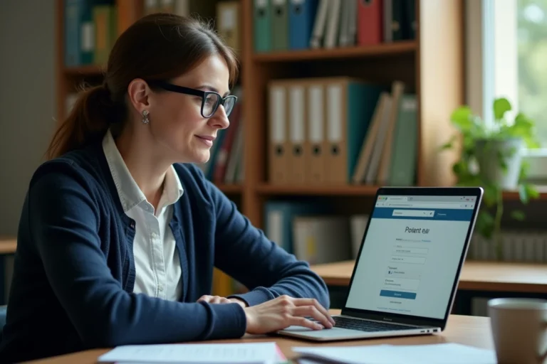 Enseignante configurant la messagerie Zimbra AC Normandie sur son ordinateur portable en salle des professeurs
