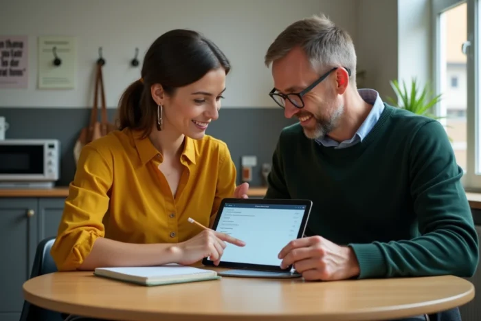 Deux enseignants consultant ensemble les paramètres de synchronisation de la messagerie Zimbra AC Normandie sur une tablette
