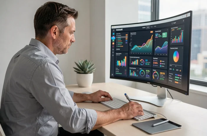 A male entrepreneur analyzing analytical dashboards on a screen to optimize the growth of his business from a modern office