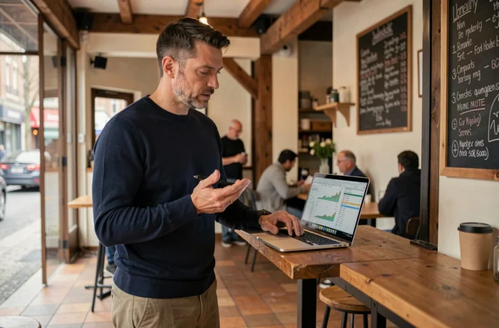 Entrepreneur indépendant travaillant sur ses finances dans un café coworking urbain