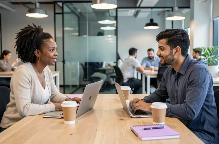 Deux entrepreneurs indépendants collaborant dans un espace de coworking moderne
