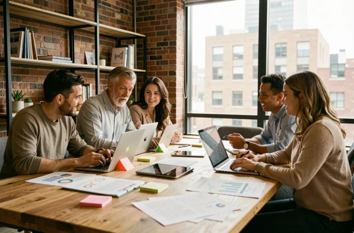 A team of professionals collaborating around a work table with documents and tablets to develop innovative business services