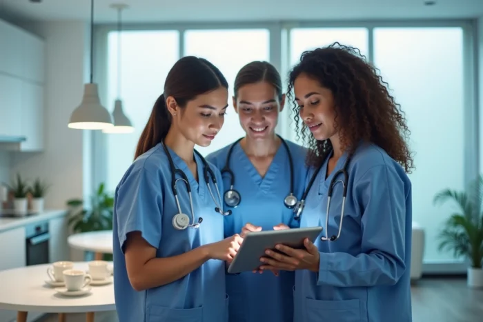 Équipe soignante pluridisciplinaire analysant des stratégies de communication patient sur une tablette en salle de pause