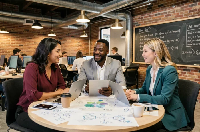 Équipe multiculturelle de professionnels discutant de solutions blockchain enterprise dans un espace de coworking technologique