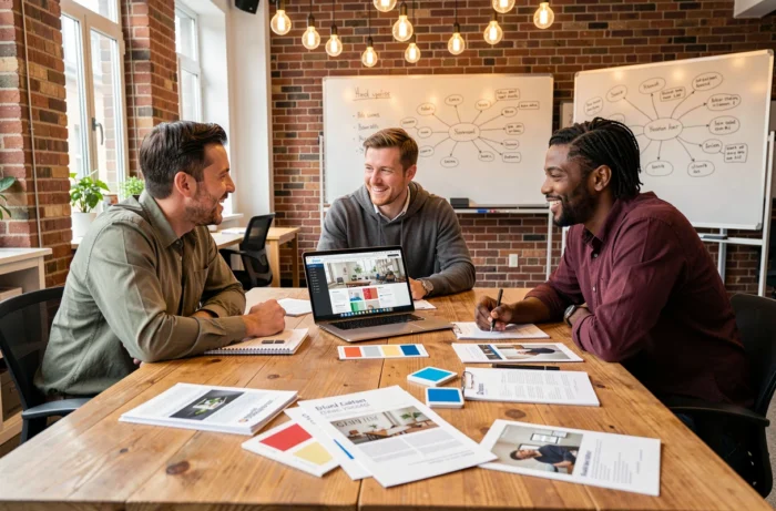 Équipe de professionnels collaborant autour d'une stratégie de communication visuelle pour améliorer la visibilité d'une entreprise