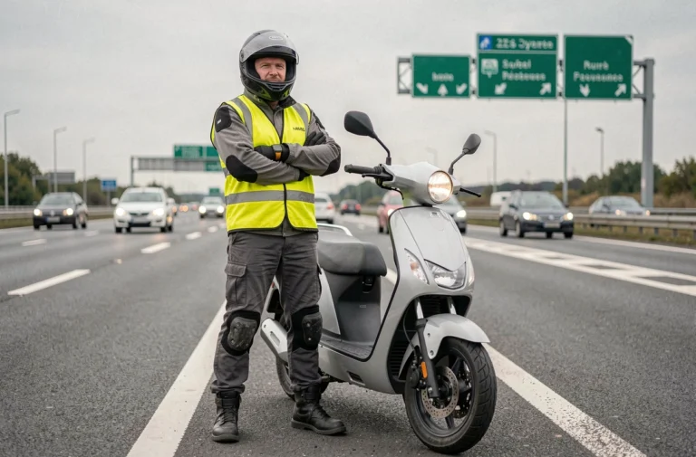 Motard en équipement complet obligatoire sur le bord d'une autoroute avec un scooter 125cc, portant gilet haute visibilité et casque intégral homologué