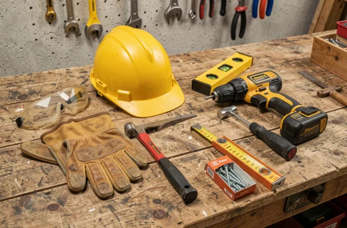Équipement de protection individuelle et outils de construction essentiels disposés sur un établi en bois : casque, gants, perceuse, marteau et niveau