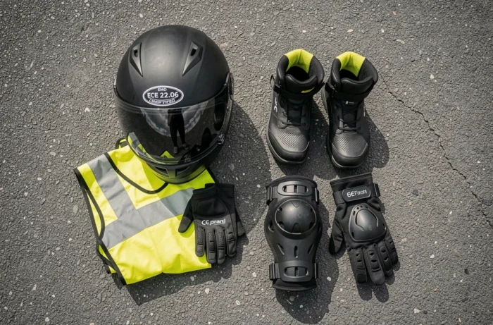Vue à plat de l'équipement obligatoire pour scooter sur autoroute : casque intégral homologué, gilet haute visibilité, gants CE, bottes et genouillères de protection