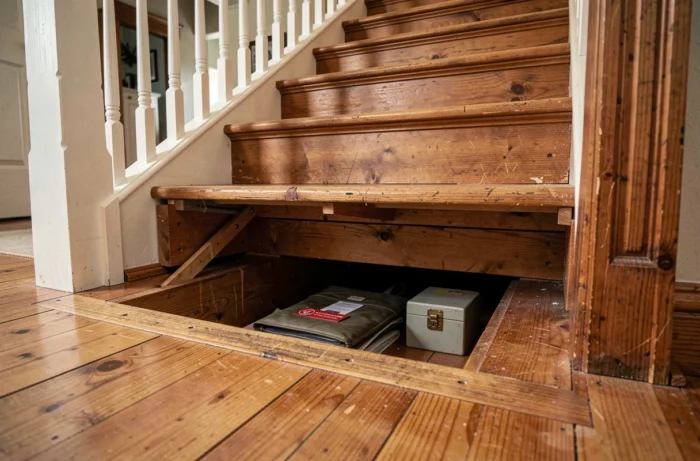 Espace mort sous la dernière marche d'un escalier en bois révélant un compartiment caché avec une pochette de documents et un petit coffre