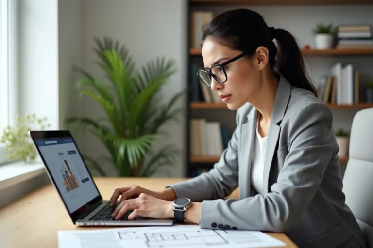 Femme consultant une estimation immobilière en ligne sur son ordinateur portable dans un bureau à domicile moderne