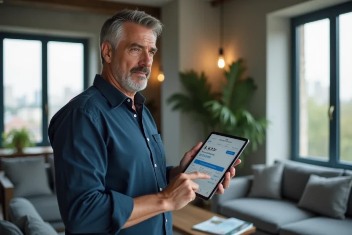 Homme tenant une tablette affichant une estimation immobilière en ligne dans un appartement moderne en ville