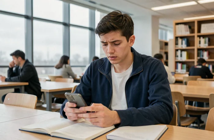 Étudiant cherchant des alternatives à l'ENT AMU sur son smartphone dans une bibliothèque universitaire