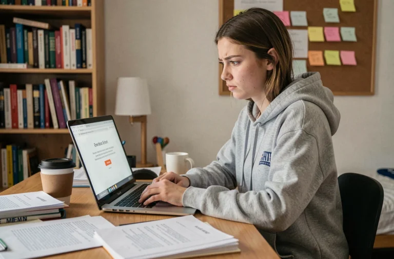 Étudiante frustrée face à une panne de l'ENT AMU sur son ordinateur portable dans sa chambre universitaire