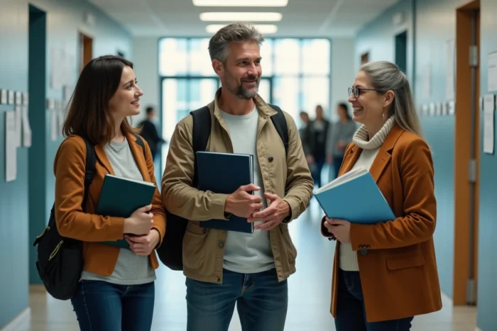 Groupe d'étudiants adultes en reconversion en kinésithérapie discutant dans le couloir d'une université
