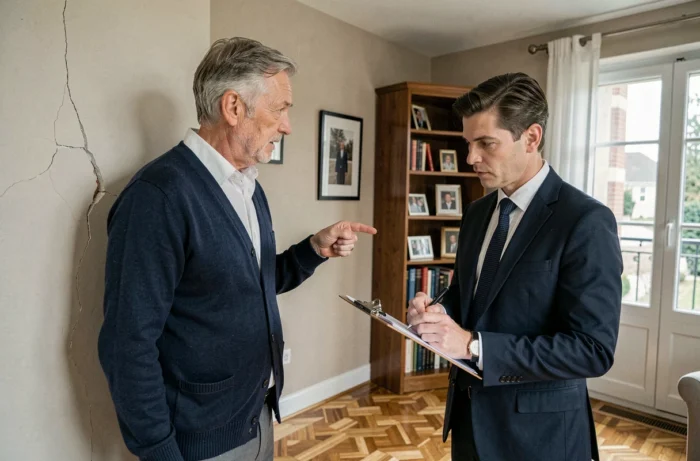 Expert en assurance habitation évaluant les dommages dans un appartement français