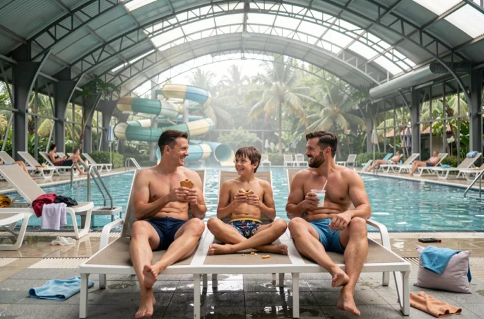 Famille profitant d'un moment calme en bord de piscine à Aquaboulevard lors d'un week-end peu chargé