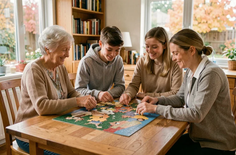 Famille intergénérationnelle assemblant un puzzle autour d'une table en bois dans un salon chaleureux