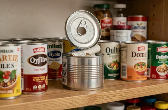 Fausse boîte de conserve à fond amovible sur une étagère de cuisine révélant un compartiment caché avec bijoux et documents