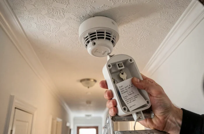 Faux détecteur de fumée au plafond dont le couvercle est retiré pour révéler un compartiment caché contenant une clé et un message