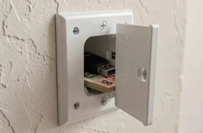 Faux panneau de prise électrique murale entrouvert révélant une cachette secrète contenant des billets et une clé USB