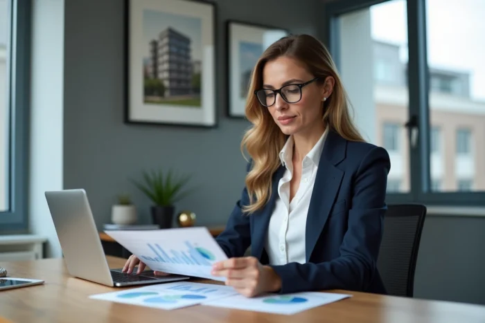 Femme professionnelle analysant des offres immobilières dans une agence moderne pour optimiser son investissement
