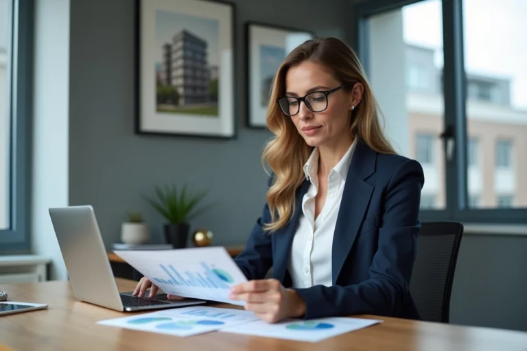 Femme professionnelle analysant des offres immobilières dans une agence moderne pour optimiser son investissement