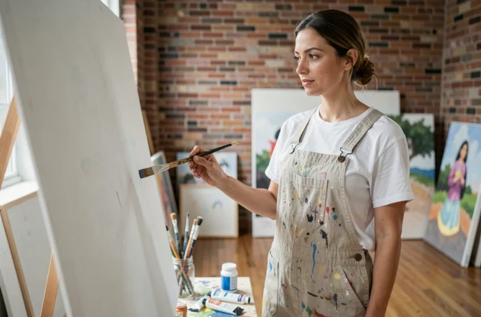 Femme artiste peignant sur une grande toile dans un atelier d'art urbain aux murs en briques