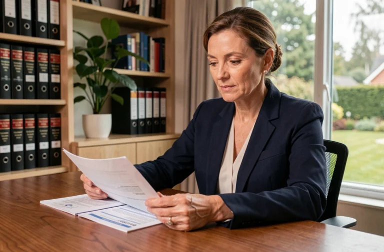 Femme professionnelle étudiant des documents d'assurance patrimoine dans un bureau à domicile moderne