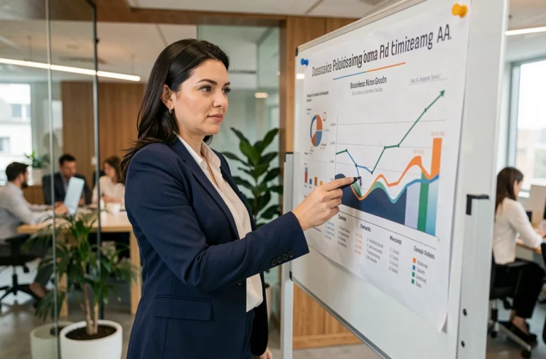 Femme cadre en blazer marine analysant un graphique de croissance d'entreprise dans une salle de réunion moderne
