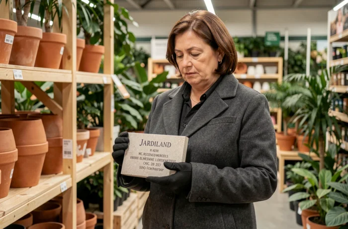 Vrouw die een gepersonaliseerde grafplaat bekijkt in de afdeling van een tuinwinkel