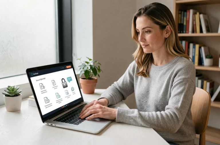 Femme utilisant le coffre-fort numérique Arkevia sur un ordinateur portable dans un bureau à domicile moderne