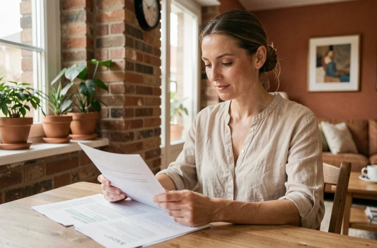 Femme consultant un contrat d'assurance habitation Macif à son domicile