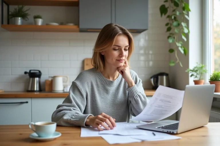 Femme consultant des documents d'assurance santé à la maison pour réduire ses dépenses médicales