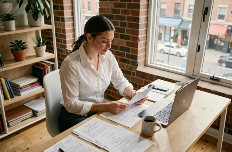 Femme entrepreneur travaillant seule sur son plan d'affaires dans un bureau à domicile minimaliste