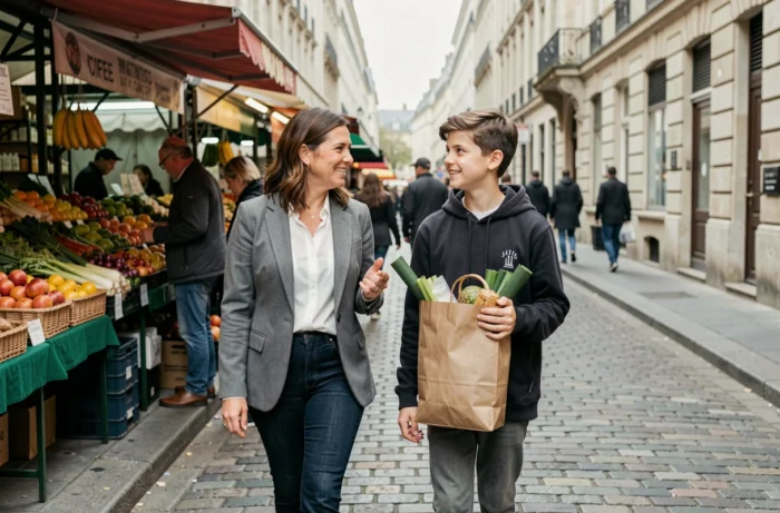 Femme et fils adolescent se promenant dans un marché parisien en plein air