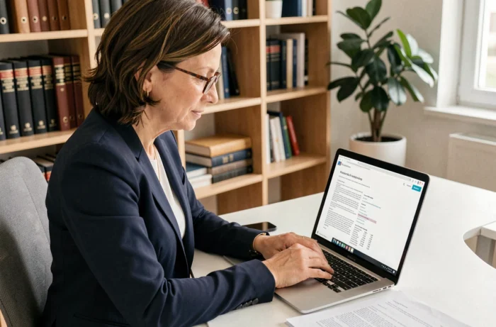 Femme professionnelle consultant les mentions légales obligatoires d'un site internet en Suisse sur un ordinateur portable dans un bureau moderne